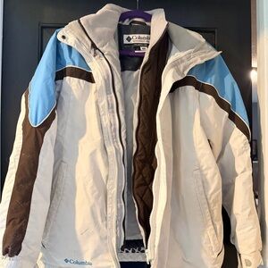 Columbia White and Light Blue Jacket with Brown Accents